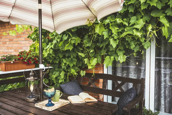 Cute Prywatny Balkon Bujną Winorośli Jako Dekoracji Otwarty Parasol Słonecznej — Zdjęcie stockowe