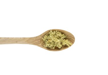 Kurutulmuş bitkisel ilaç Filipendula ulmaria, çayırların kraliçesi, çayır otlarının gururu, çayır otları kraliçesi, oyuncak bebek, ahşap kaşıkta meadsweet, beyaz üzerinde izole edilmiş.