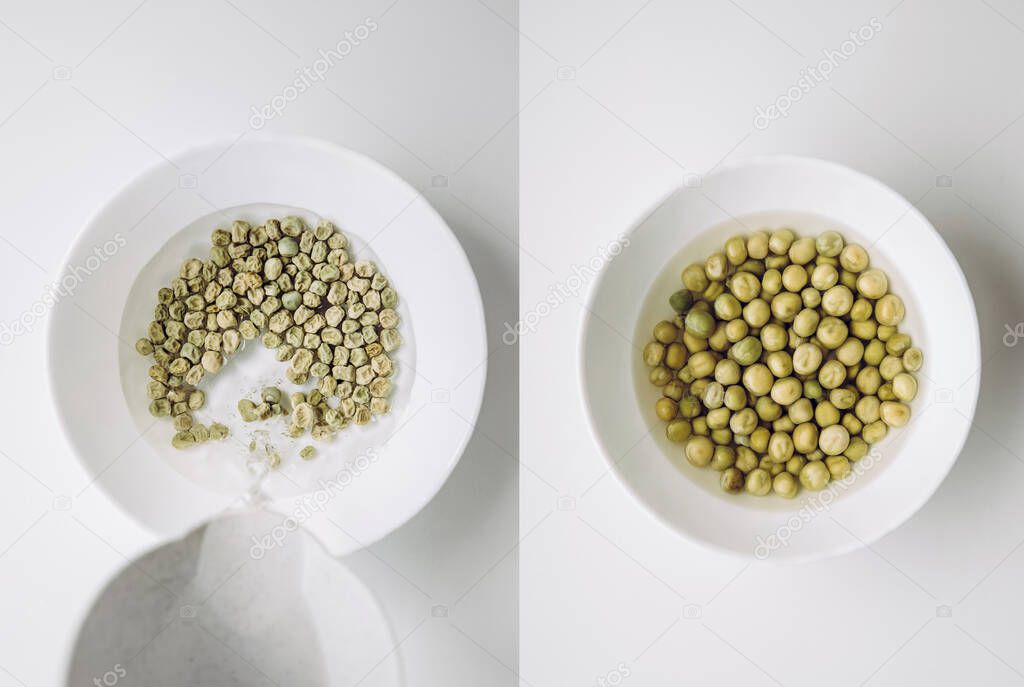 Soaking green pea seeds in warm water in bowl to fasten germination process when planting in garden. Before soaking on left after overnight soak on right.