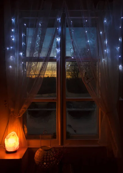 Decorative Himalayan Salt Lamp Turned Old White Wooden Window White — Stock Photo, Image