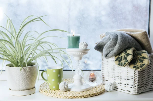 Cozy Winter Set Window Sill Romantic Style Tall Candle Holder — Stock Photo, Image