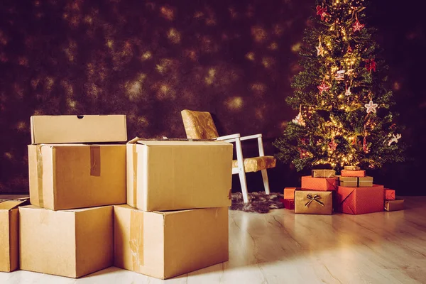 Mudar Para Uma Nova Casa Para Conceito Natal Concentre Caixas — Fotografia de Stock