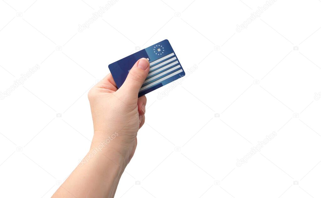Selective focus on person hand holding blank European Health Insurance Card, isolated on white background. Seeking medical help in foreign country concept. Lot of room for text.