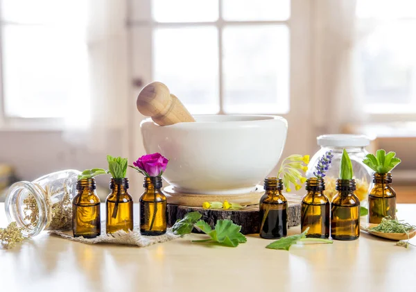 Herbal Remedy Composition Concept Essential Oil Bottles Mortar Pestle Leaves — Stock Photo, Image