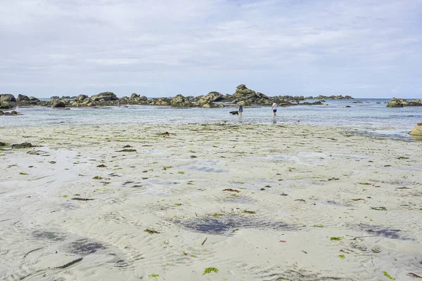 Colorida Playa Bretaña Con Rocas Algas Cielo Azul Nublado Gente — Foto de Stock