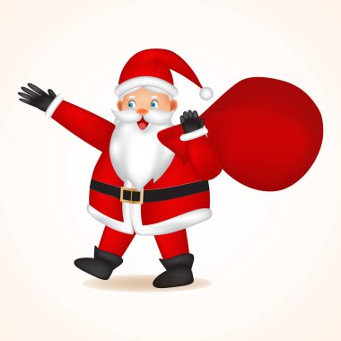 Hediyelerle dolu kırmızı çantalı Noel Baba. Kırmızı Noel Baba şapkası. Noel ve Yeni Yıl posterleri, hediye etiketleri ve etiketleri için harika. Noel vektör illüstrasyonu.
