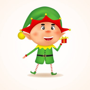 Hediye getiren elf çocuk Noel karakteri. Beyaz arkaplanda elfin vektör çizimi. İzole edilmiş.