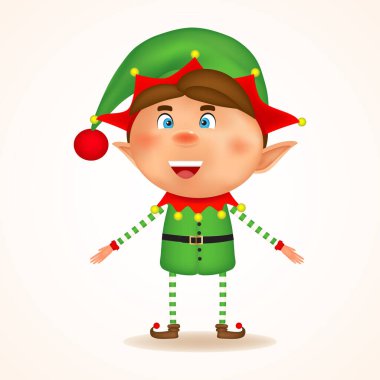 Çizgi film mutlu noel elf sunumu. Beyaz arkaplanda elfin vektör çizimi. İzole edilmiş.