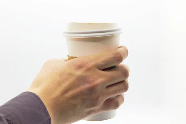 Ręka Jest Hloding Plastikowy Kubek Izolowanym Białym Tle — Zdjęcie stockowe