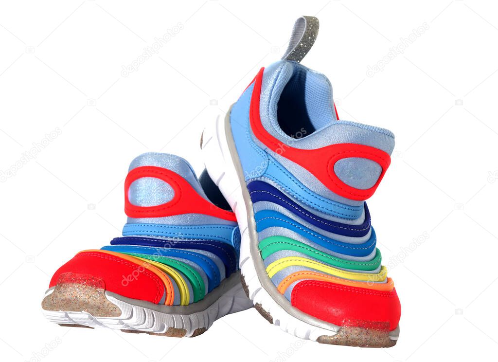 kid colourful shoes on isolated white background