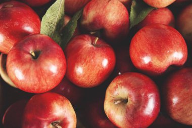 Tahta arka plandaki kutuda kırmızı elmalar