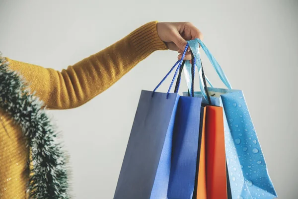 Woman Hand Shopping Bags Gray Background — Stock Photo, Image