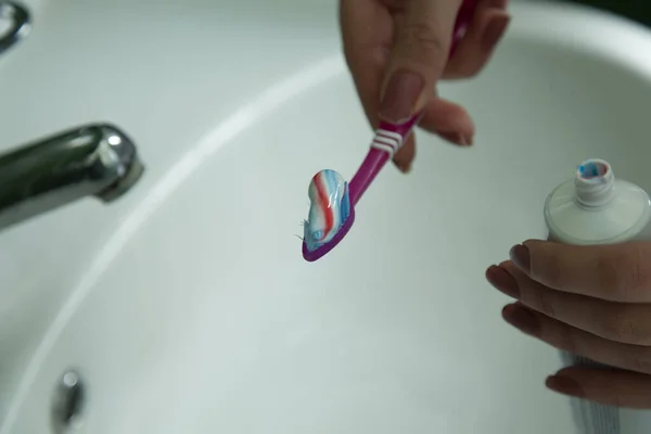 Woman Hand Toothpaste Bathroom — Stock Photo, Image