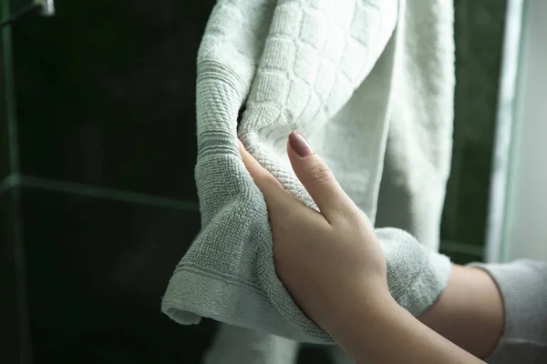 Woman Wipe Hands Towel Bathroom — Stock Photo, Image