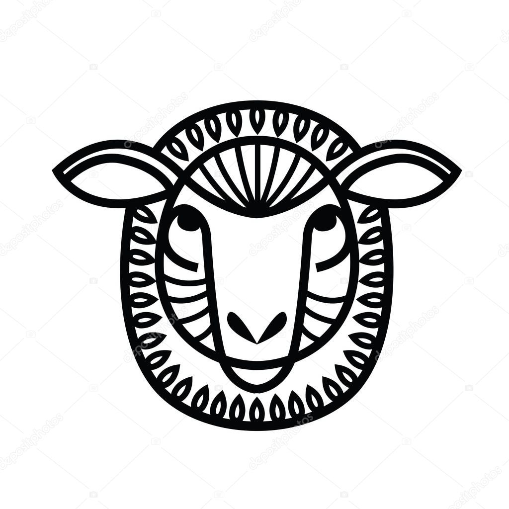Linear stylized drawing - head of sheep or ram - for icon or sign template