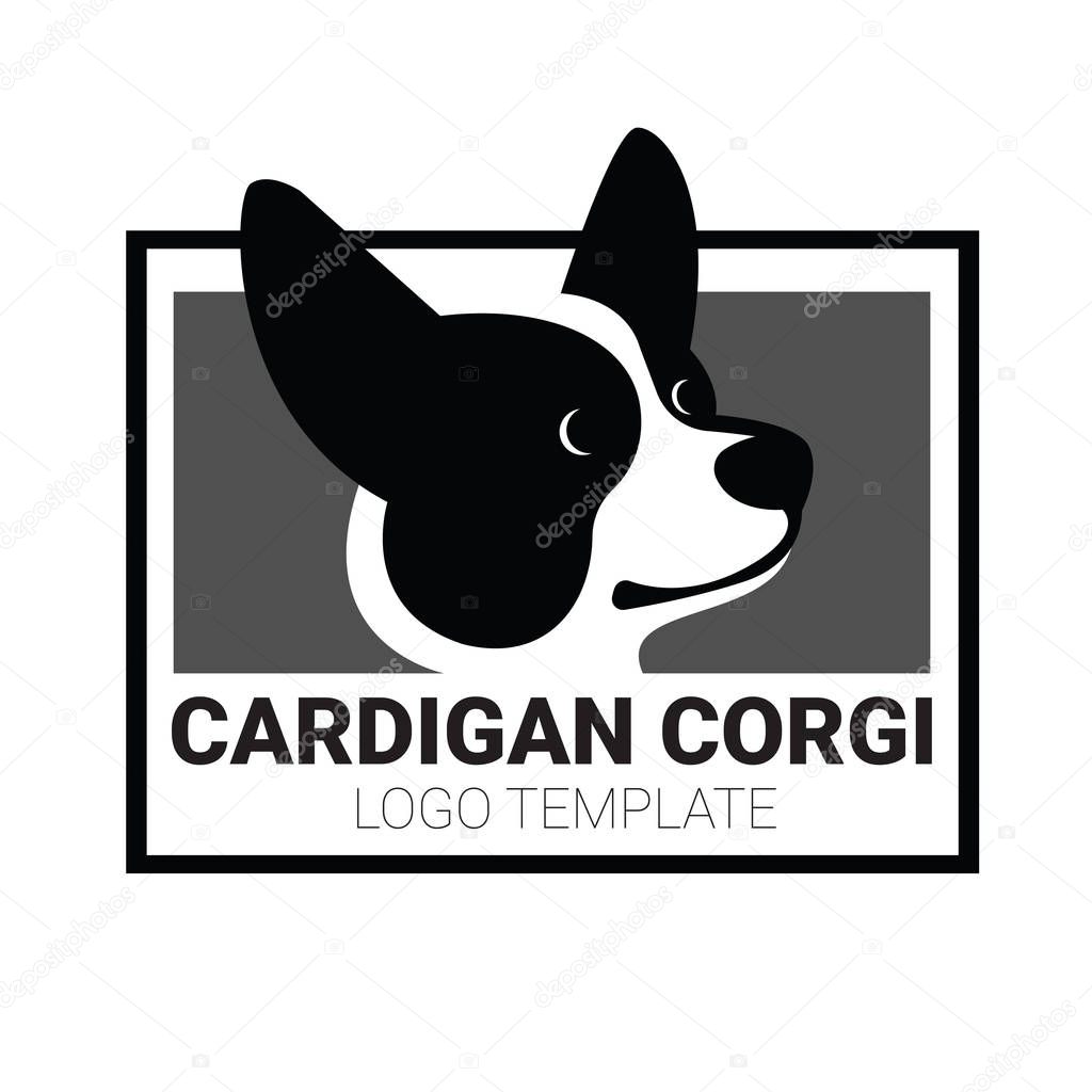 Black and white sign template with stylized vector drawing of head of dog Welsh Corgi breed