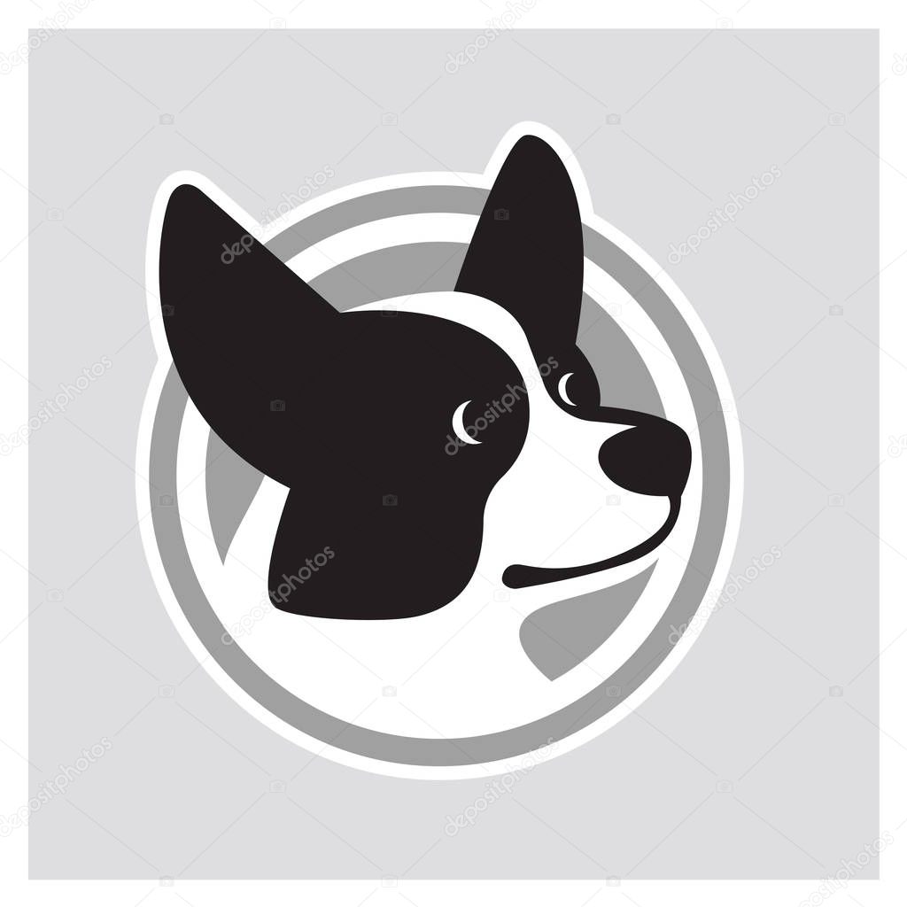 Black and white vector drawing of dog head of Welsh Corgi breed
