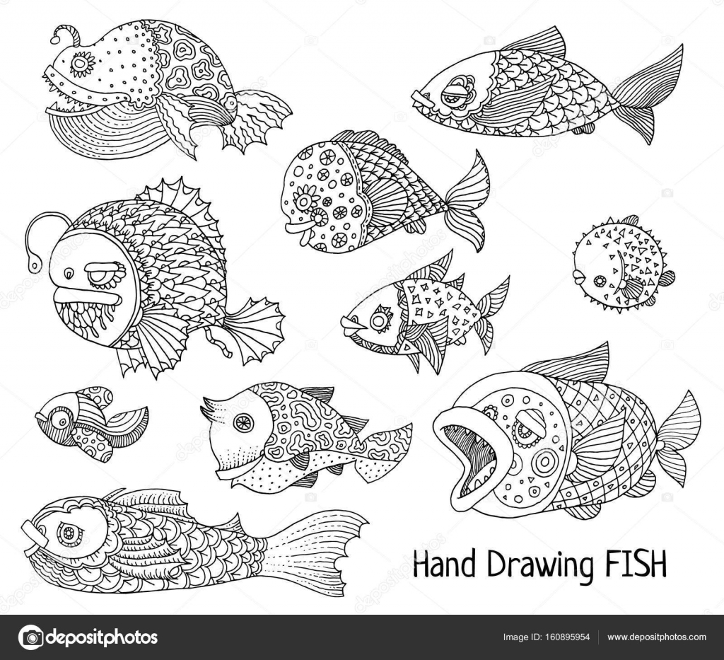 Disegno della mano dei pesci riccamente decorati — Vettoriale Stock