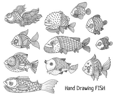 zengin bir şekilde dekore edilmiş balık el çizimi