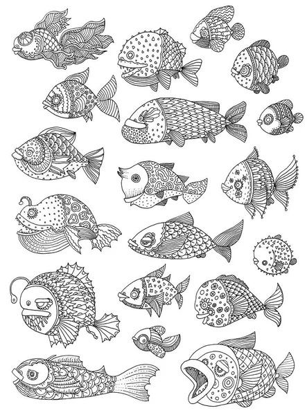 Dessin à la main de poisson richement décoré — Image vectorielle