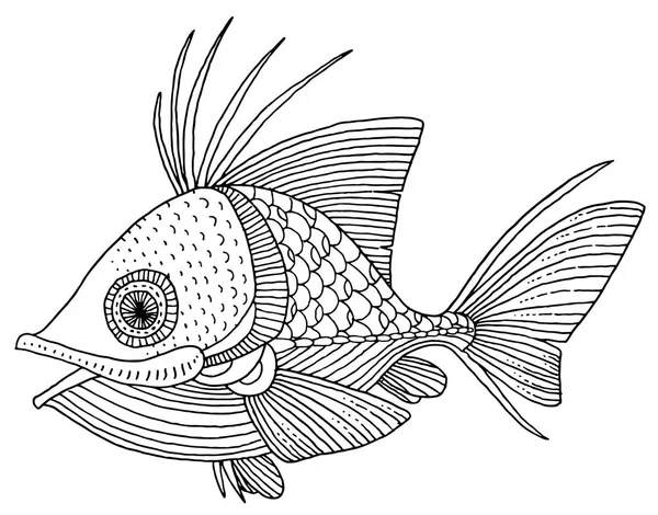 Dibujo a mano de pescado ricamente decorado — Vector de stock