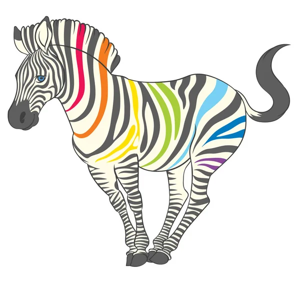 Cute naturalistic zebra with rainbow stripes in funny pose — Stock Vector