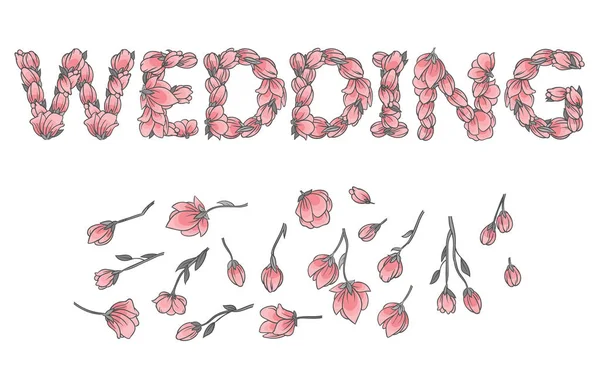 Bruiloft sign of belettering gemaakt met sakura bloemen — Stockvector