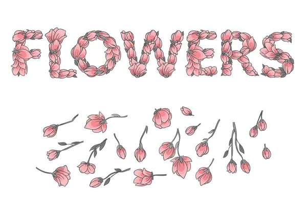 愛サインやさくらの花と葉で作られた文字 — ストックベクタ