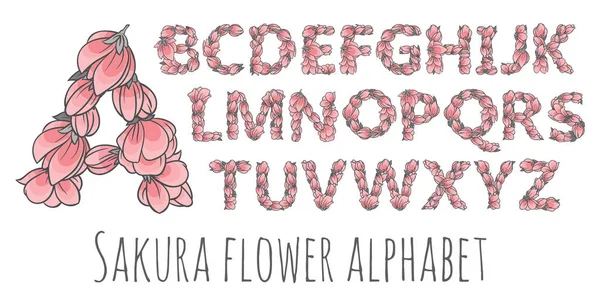 Vector flower font made with sakura flowers and leaves — Stock Vector