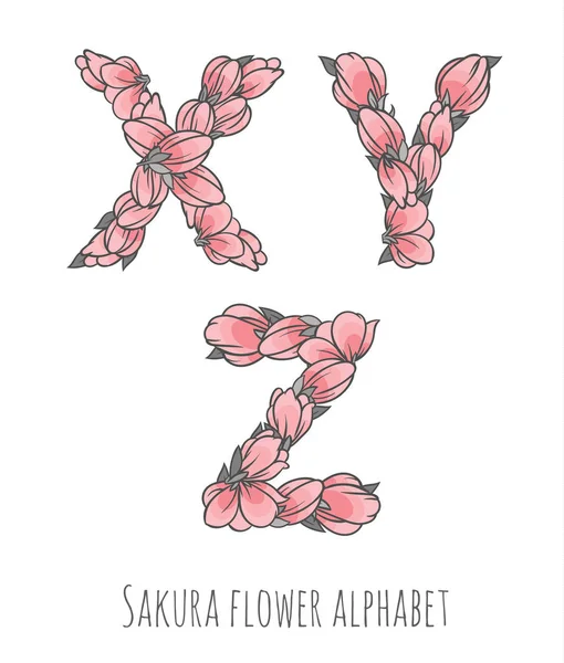 Vector flower font made with sakura flowers and leaves — Stock Vector