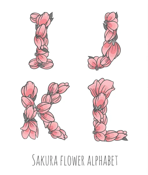 Vector flower font made with sakura flowers and leaves — Stock Vector