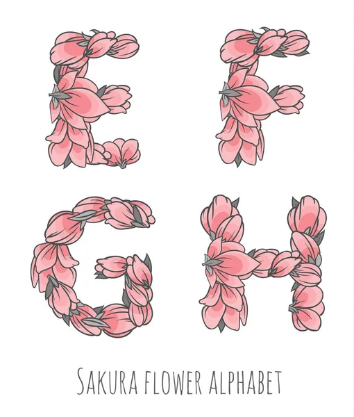 Vector flower font made with sakura flowers and leaves — Stock Vector