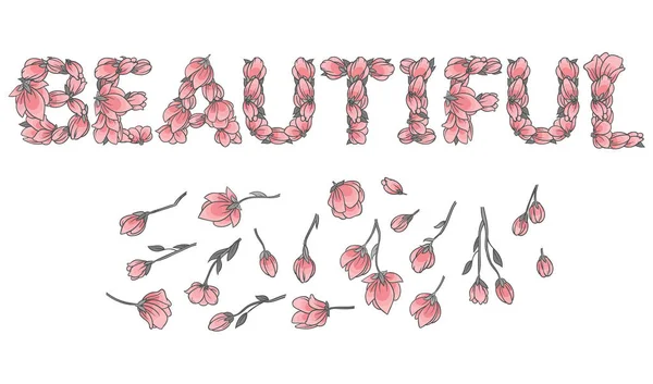 BEAUCOUP signe ou lettrage fait avec des fleurs de sakura — Image vectorielle