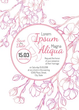 Kiraz sakura çiçek vektör ile düğün davetiye 