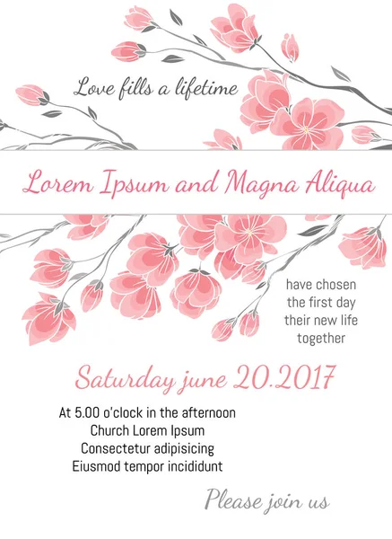 Invitation wedding card with cherry sakura flowers vector template — Stock Vector