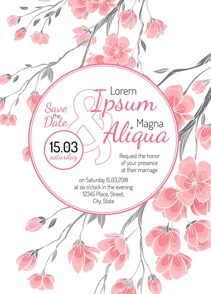 Bruiloft uitnodigingskaart met cherry sakura bloemen vector sjabloon — Stockvector