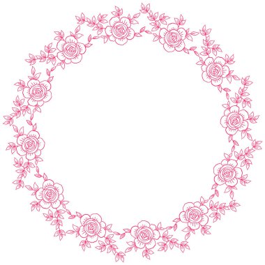 Gül çiçek yaprakları ve dalları ile el çekilmiş çelenk