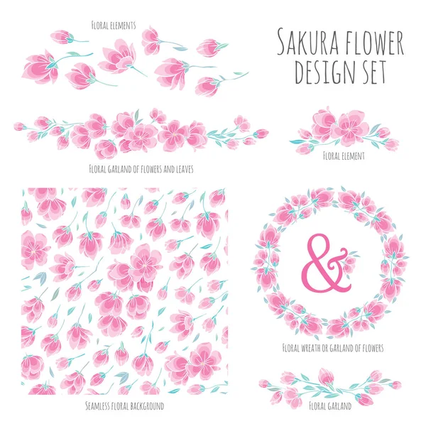 Conjunto de elementos de diseño vectorial con Sakura flor de cerezo japonés — Vector de stock
