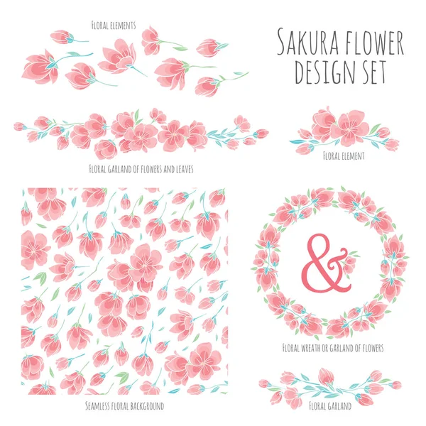Conjunto de elementos de diseño vectorial con Sakura flor de cerezo japonés — Vector de stock