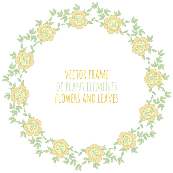 Corona dibujada a mano con hojas y ramas de flores de rosas — Vector de stock