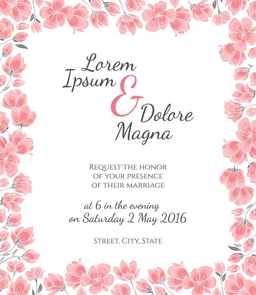 Einladung Hochzeitskarte mit Kirschblüten Vektorschablone — Stockvektor
