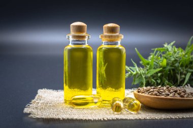 Küçük şişelerdeki kenevir yağı ürünleri bir araya getirildi. CBD kenevir yağı siyah arka planda bulunan taze kenevir özünden elde edilir. Şifalı bitkiler ve dinlenme bitkileri metne girmek için yeterli alana sahiptir.