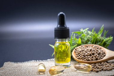 CBD kenevir yağı, kenevir tohumu ve ilaç içeren cam şişe araştırmacının kenevir yağından ya da tıbbi ekipten çıkarıldı. Siyah arkaplan CBD kenevir yağı, kenevir ürünleri