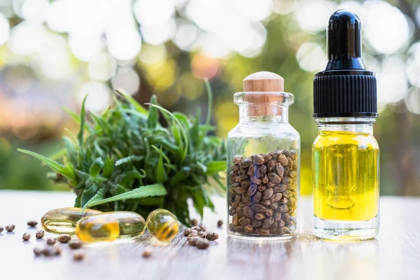 Een Fles Hennepolie Zaden Bladeren Natuurlijke Kruiden Medicinale Marihuana Concepten — Stockfoto