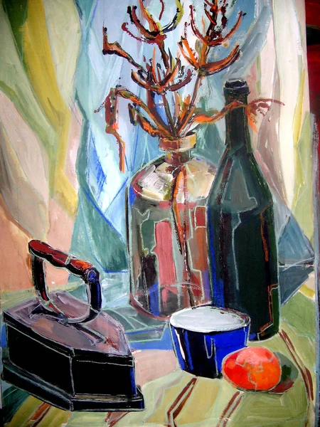 Nature morte gouache couleur peinture de la bouteille, verre — Photo