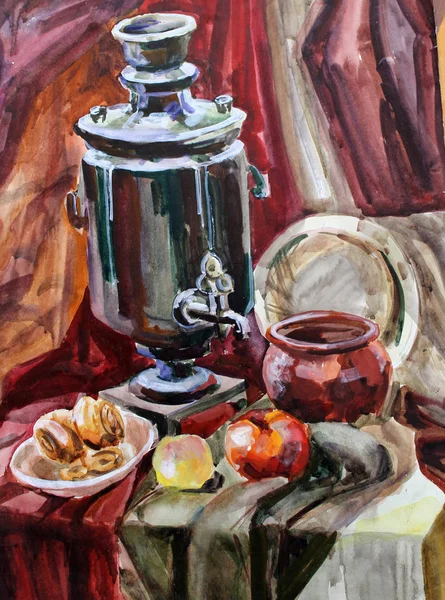 Nature morte acquerello pittura il bollitore — Foto Stock