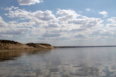 gökyüzüne yansıyan su, ıssız sahil göl, yaz göğün, doğa, mavi bulut,