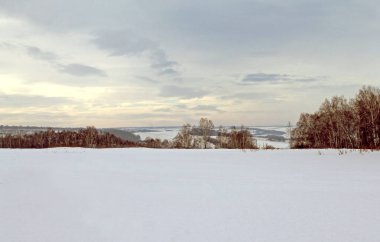 Kış manzarası - soğuk karlı orman ağaçlarında. Yolda bir harika kış orman