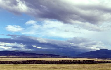 Beyaz bulutlar Sayan Dağları Sibirya Rusya ile mavi gökyüzü altında sarı çim ile geniş bozkır