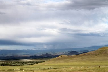 Beyaz bulutlar Sayan Dağları Sibirya Rusya ile mavi gökyüzü altında sarı çim ile geniş bozkır